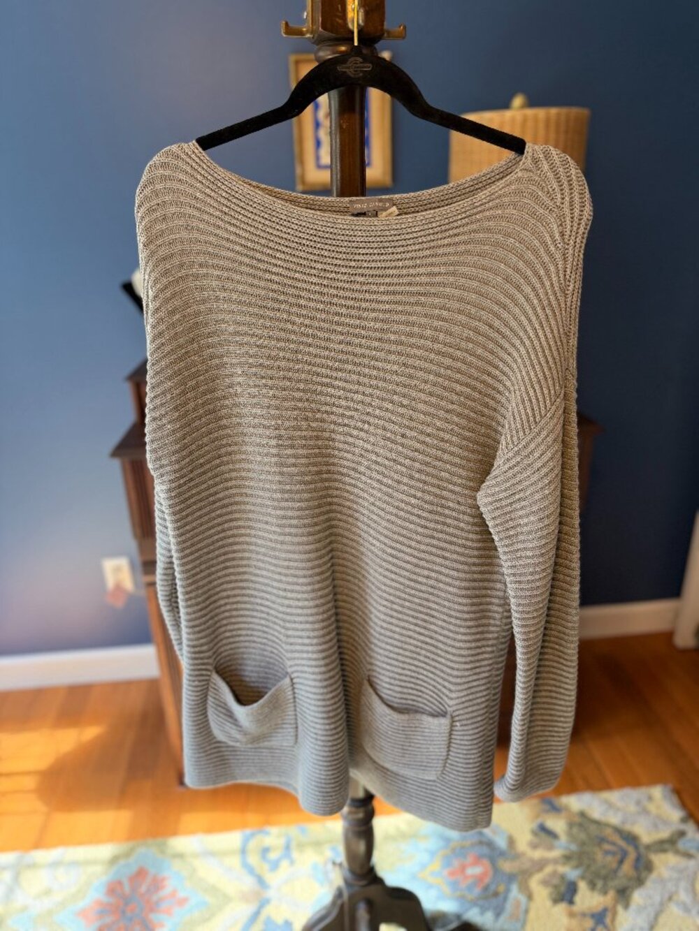 Vince Camuto Women’s L Gray Ribbed Knit Sweater Boat Neck Oversized Pullover Poc